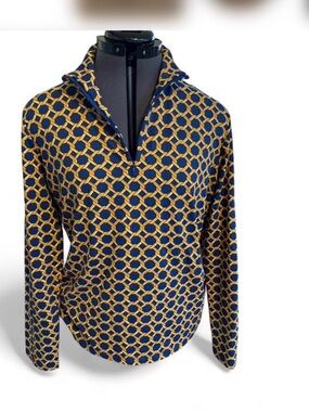 J. McLaughlin Navy and Mustard Geometric Interlock Top